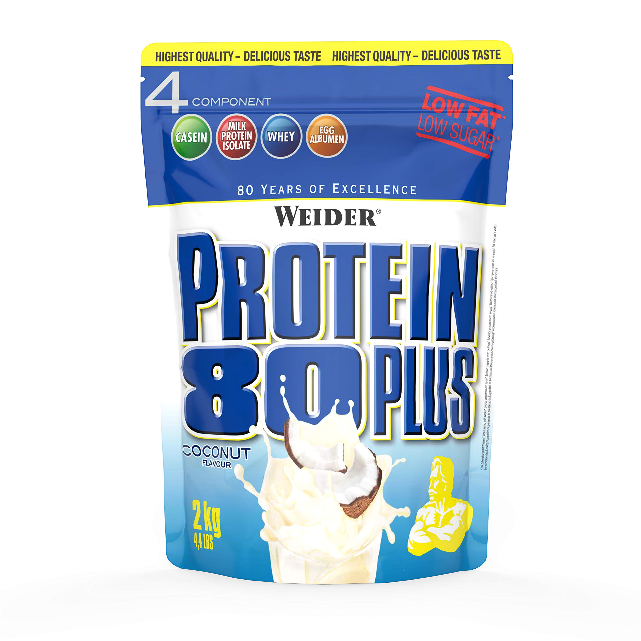 Weider Protein 80 Plus Protein Powder, Coconut, 4 Multi Component High Quality Protein Sources, Low Fat & Sugar, 2kg