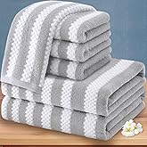 Gray and White Towels, 4 Hand 16"x27", 2 Bath 28"x52" - Cotton | Quick Dry | Lightweight, 6PCS Waffle Towel Set, Grey Striped Towels Bathroom, Luxury Towel Gift Set, Stripe and Checkered