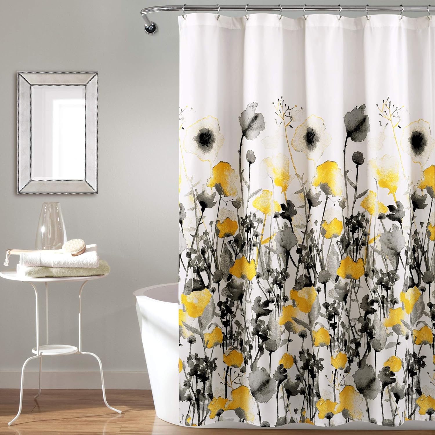 Lush Decor, Yellow and Gray Zuri Flora Shower Curtain-Fabric Watercolor Floral Print Design, 72" x 72"