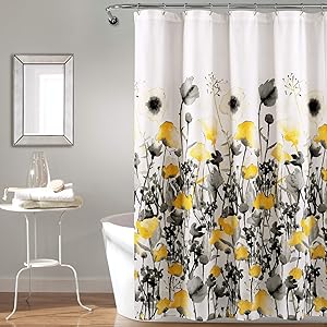 Lush Decor, Yellow and Gray Zuri Flora Shower Curtain-Fabric Watercolor Floral Print Design, 72" x 72"