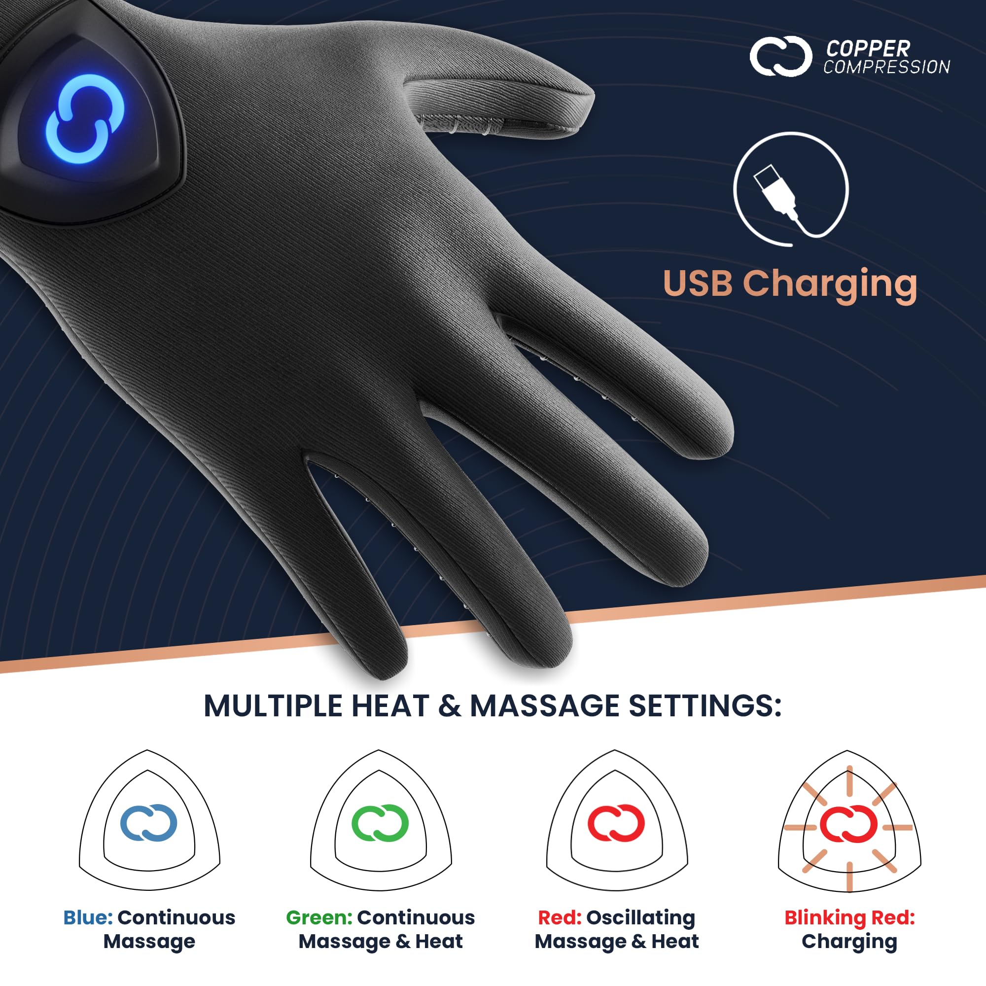 Copper Compression CopperVibe Vibration & Heat Gloves - Heated Hand Massage
