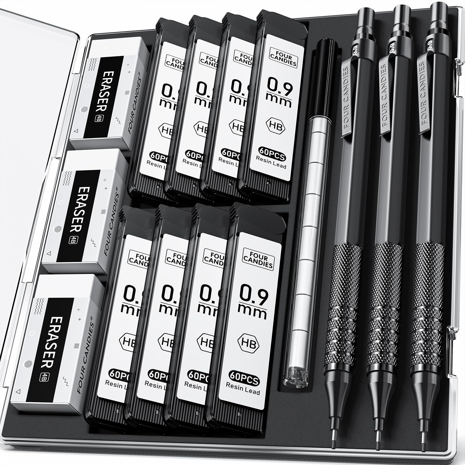 Four Candies 0.9mm Mechanical Pencil Set with Case, 3PCS Metal Artist Lead Pencil with 8 Tubes (480PCS) HB Lead Refills, 3 Erasers, 9 Eraser Refills For Engineer Art Writing Drawing Drafting, Black