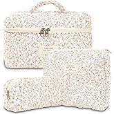 GISMTR 3Pcs Makeup Bag Cotton Quilted Travel Cosmetic Bag Cute Floral Makeup Pouch Large Toiletry Bag for Women Girls (Pink Floral)