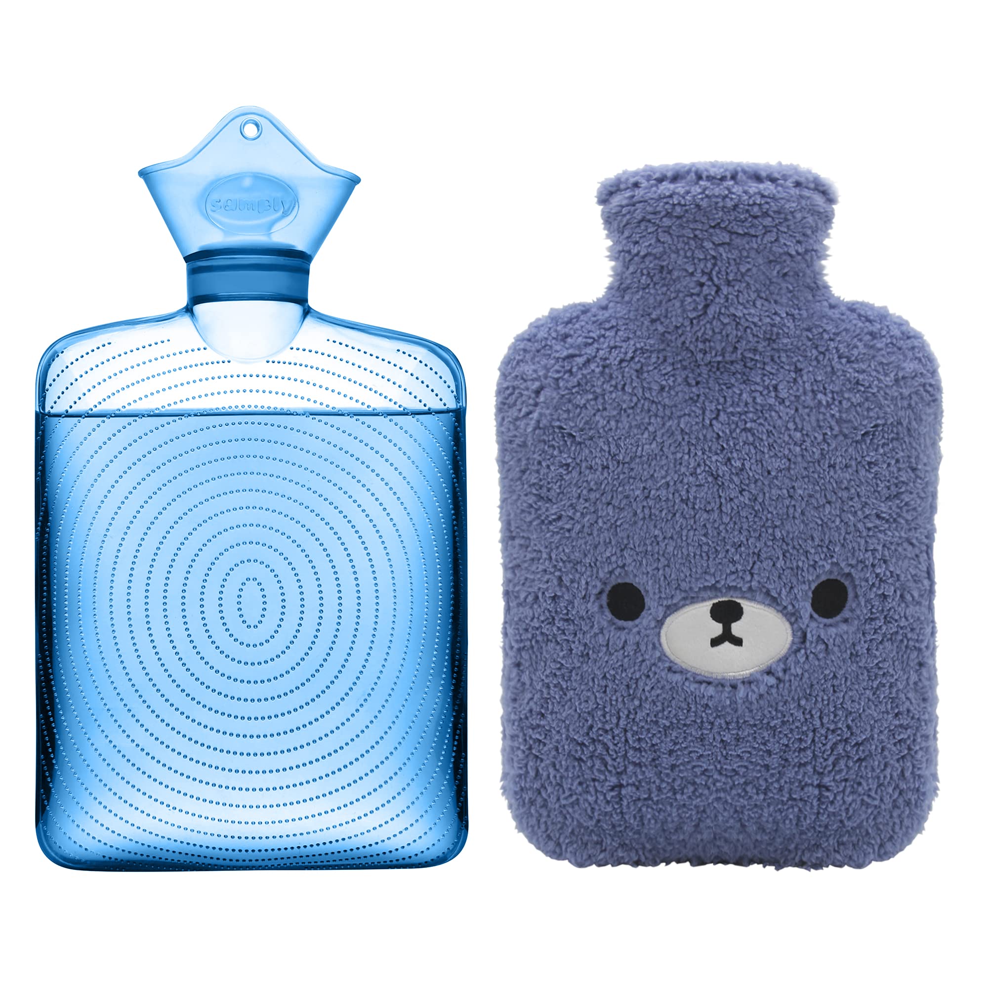 Photo 1 of samply Hot Water Bottle with Cute Fleece Cover, Hot Water Bag for Hot and Cold Compress, Hand Feet Warmer, Neck and Shoulder Pain Relief, Navy Blue Bear