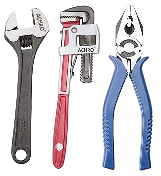 ACHRO Combo Pack of 3 Tool Kits Set for Home (Contains 8 Inch Adjustable Spanner, 8 Inch Combination Plier, 10 Inch Pipe Wrench) (Regular Packing)