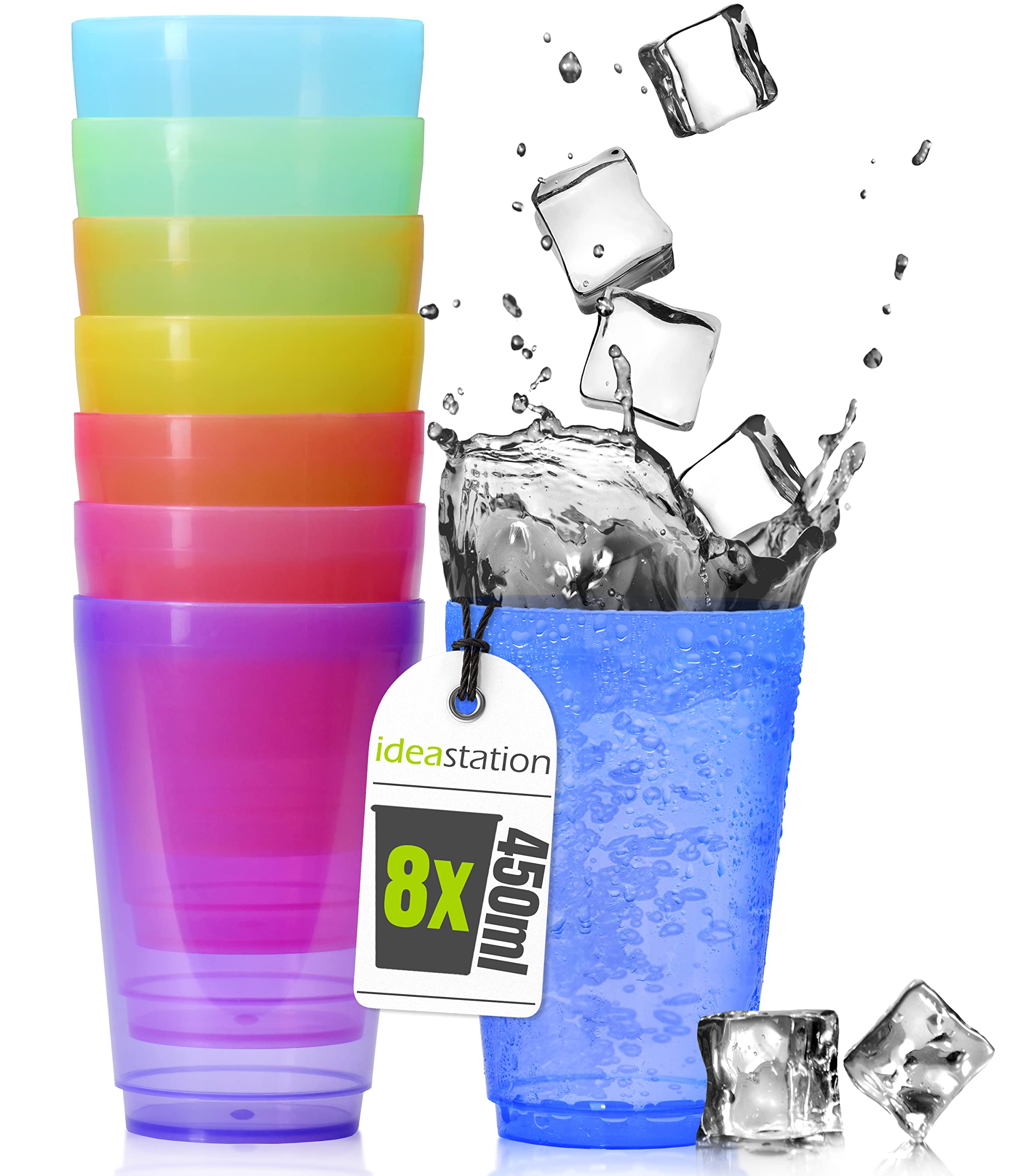 idea-station Plastic Cups 8 x 450 ml - Colourful - Reusable Party Cups - Plastic Cocktail Glasses for Hot & Cold Drinks - Suitable for Adults - Perfect for Camping Kitchen & Cocktail Party