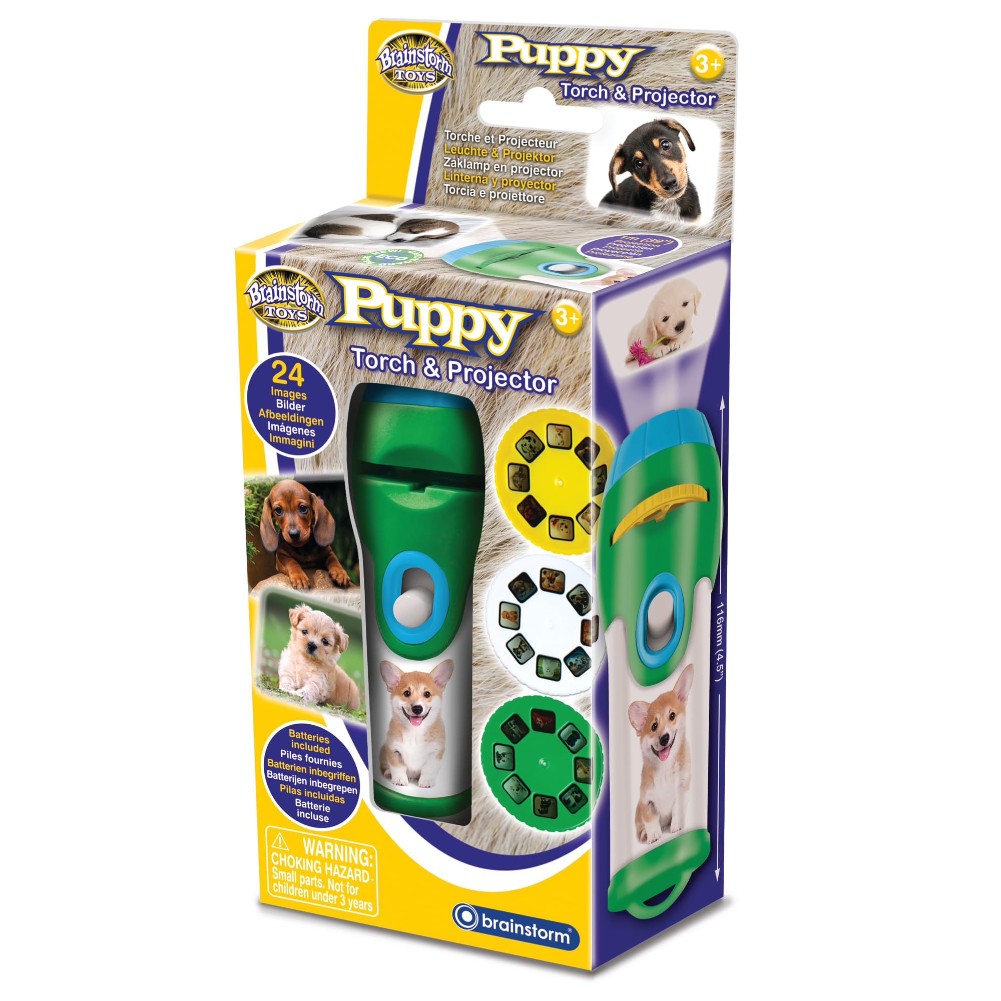 Brainstorm Toys Puppies Stem Torch and Projector – 24 Dog Images, Projects Clear Pictures up to 1 Metre Wide, Interactive Educational Kids Flashlight Toy