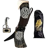 FENRIR Viking Drinking Horn With Stand 16 oz – Gifts for Men, Dad, Husband – Natural Ox Horn Cup with Thor Bottle Opener & Leather Holster – For Beer, Ale, Mead (Compass Natural Polished)