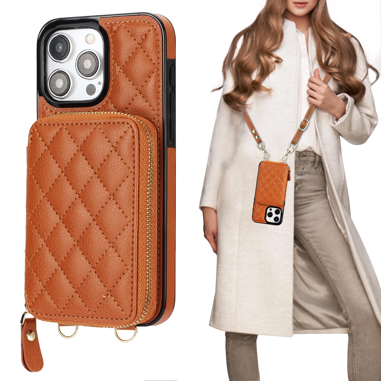 Bocasal Crossbody Wallet Case for iPhone 15 Pro Max, RFID Blocking PU Leather Zipper Handbag Purse Flip Cover, Kickstand Folio Case with Card Slots Holder Wrist Strap Lanyard 5G 6.7 Inch (Brown)