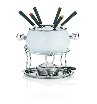 Keck & Lang GmbH 16635 Fondue-Set, Fleischfondue, 11-teilig, Für 6 Personen, Emaille, 0,8 l Füllmenge, Siena, Weiß