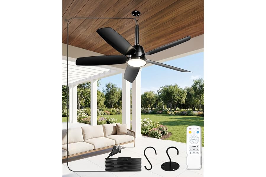 NWOP 36 Inch Plug-In Outdoor Ceiling Fan with Light and Remote, Waterproof Patio Ceiling Fan, 5 Blades Small Ceiling Fan for Porch Gazebo Pergola, Quiet Modern Ceiling Fan, Black