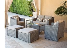 SOLAURA Outdoor Patio Furniture Set 7-Piece Grey Wicker Conversation Furniture Set Patio Lounge Chairs with Ottoman & Loveseat with Glass Coffee Table (Pillow Included)