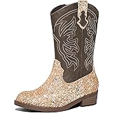 K KomForme Girls Cowgirl Boots Mid Calf Glitter Cowboy Boots Western Round-Toe Riding Shoes (Toddler/Little Kid/Big Kid)