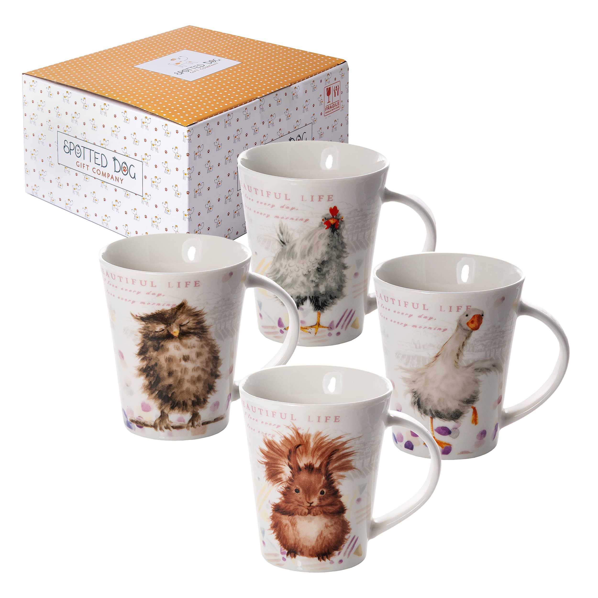 SPOTTED DOG GIFT COMPANY Mugs Set of 4, Cute Ceramic China Cups for Coffee and Tea, 360ml Animal Themed Owl Squirrel Chicken Goose Mug Designs, Animal Lover Gifts for Women & Men