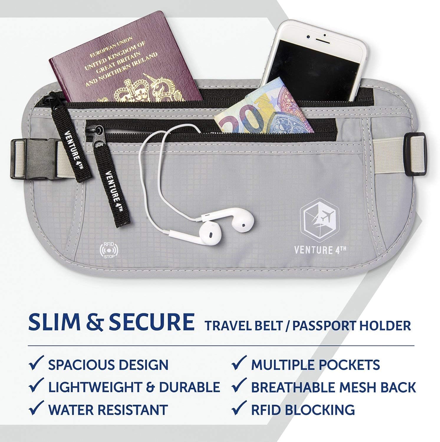  | VENTURE 4TH Travel Money Belt RFID Blocking Hidden Waist Stash (Silver) | Travel Wallets