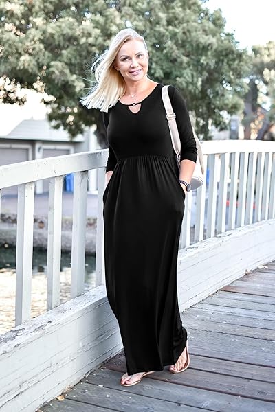 WNEEDU WOMEN’S 3/4 SLEEVE SOLID LOOSE CASUAL HOLIDAY MAXI DRESSES WITH POCKETS (S,BLACK)