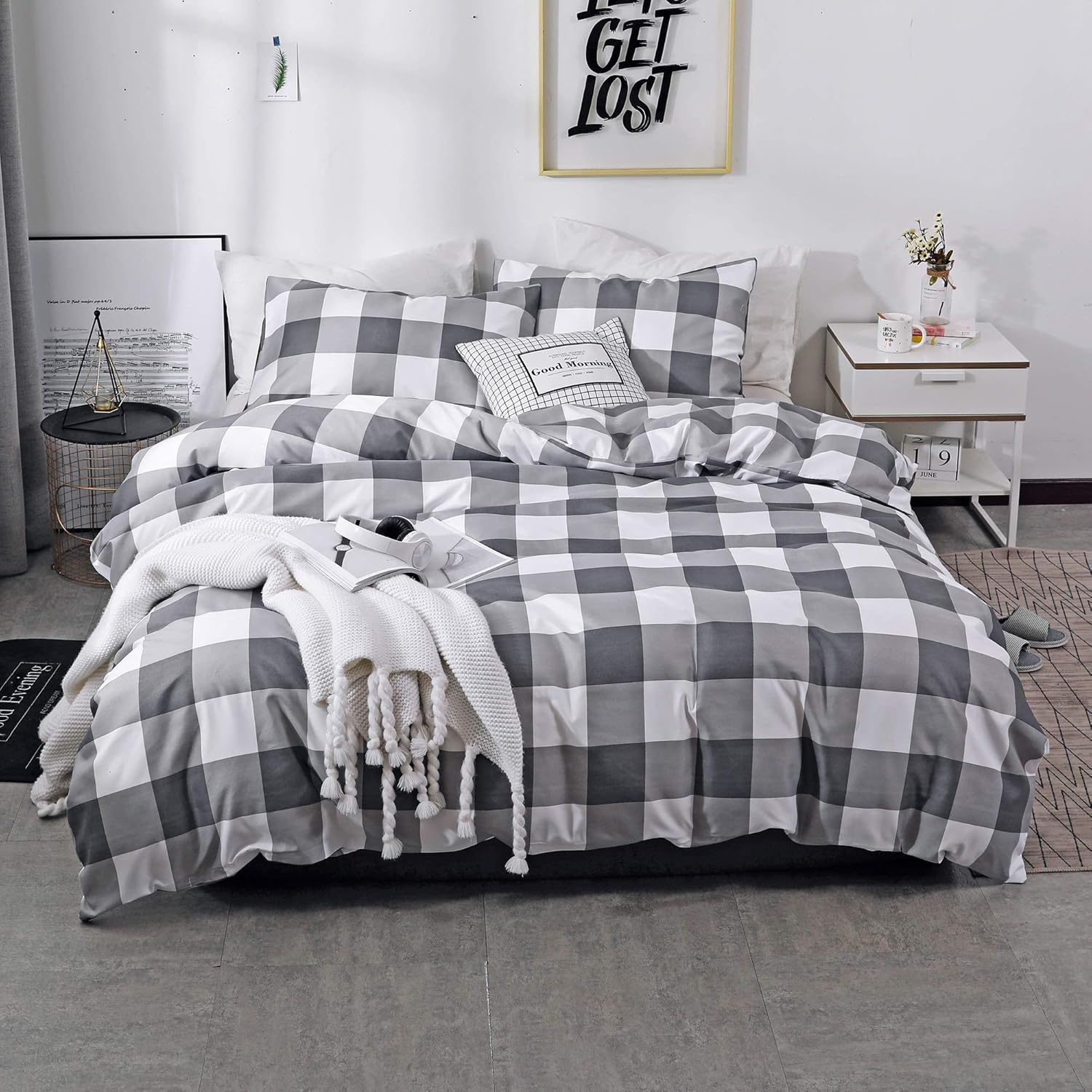NOKOLULU Farmhouse Buffalo Check Gingham Simple Geometric Square Pattern Bedding Set Modern and Fashionable Plaid Anti Allergy Duvet Cover with Sham Set for Home (Twin, Grey)