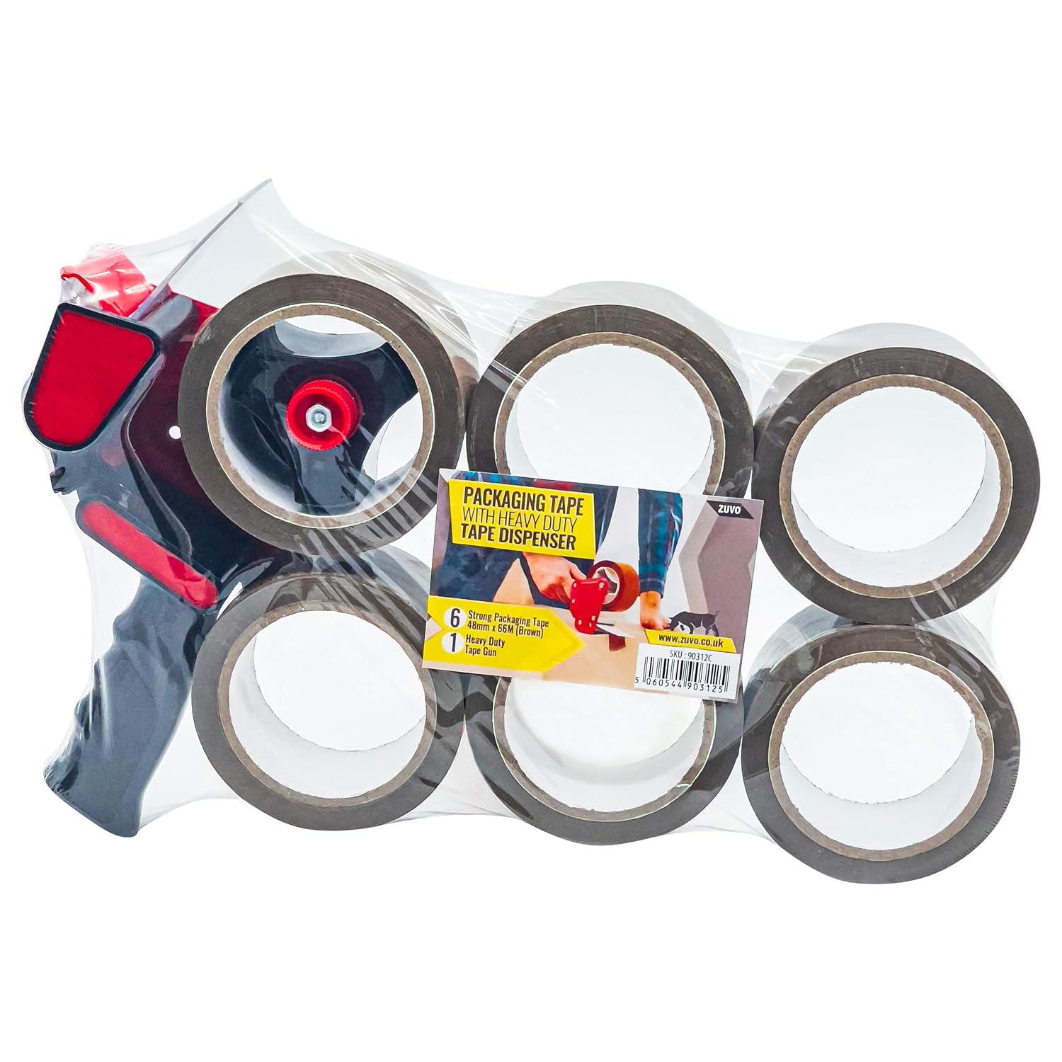 Zuvo Heavy-Duty Tape Dispenser with 6 Rolls of Brown Packaging Tape (48mm x 66m)