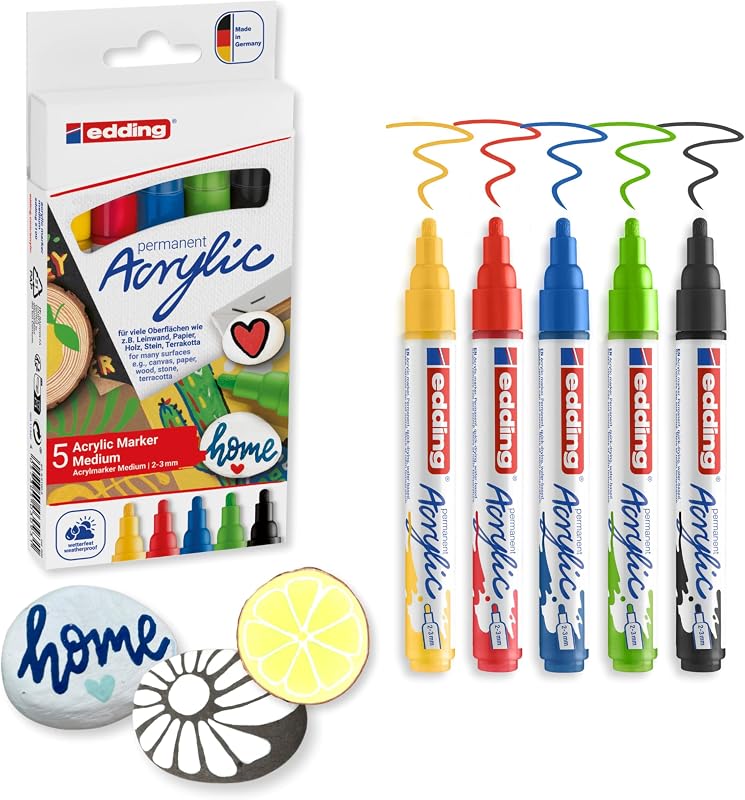e-5100-5 - Conjunto de 5 marcadores acrílicos de traço médio - Ponta redonda 2-3 mm - Variados