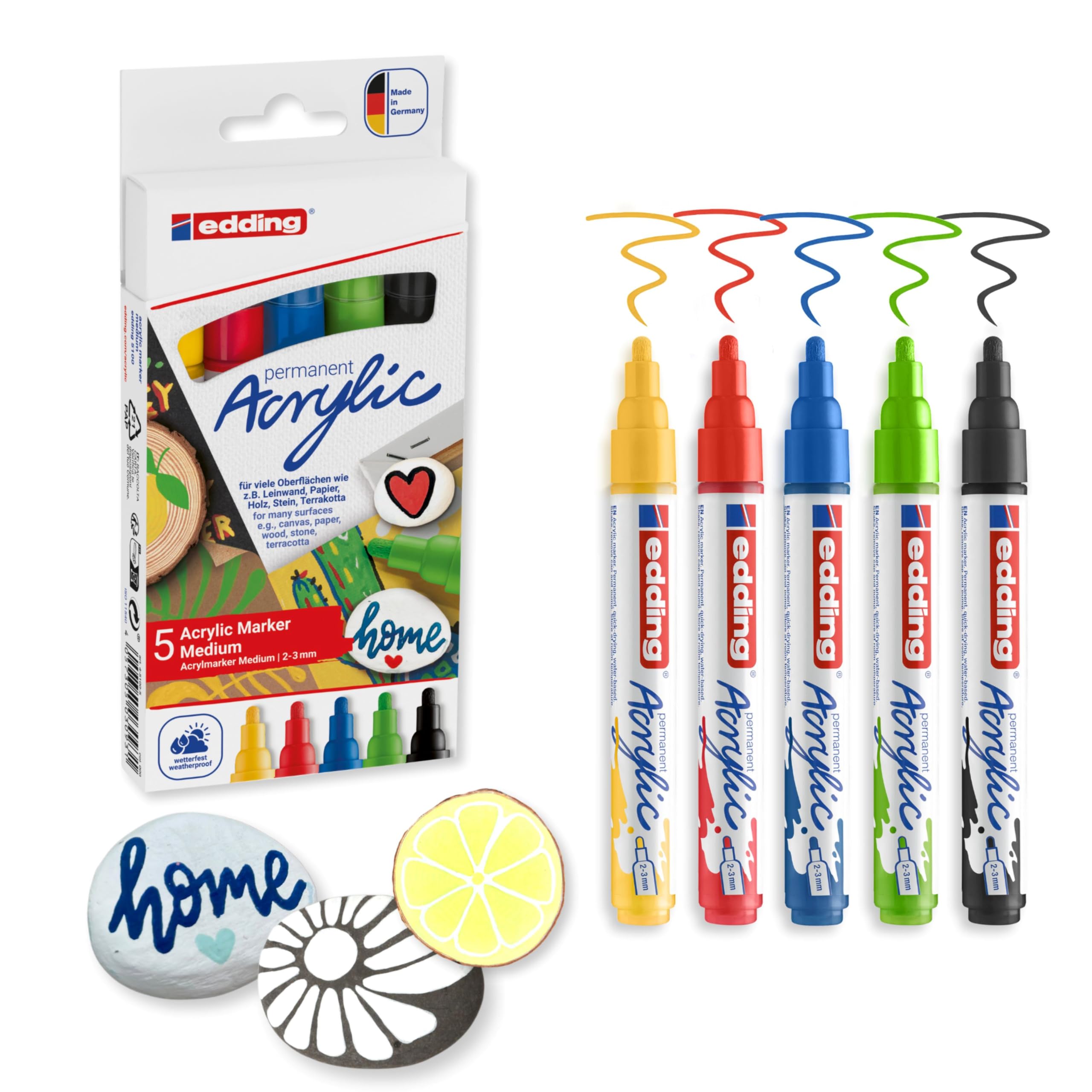 Edding 5100 Acrylic Markers - 5pk (Basic) - 5 Color Set Round Nib 2.0-3.0mm - Waterproof Acrylic Paint Markers for Canvas, Wood, Pebbles