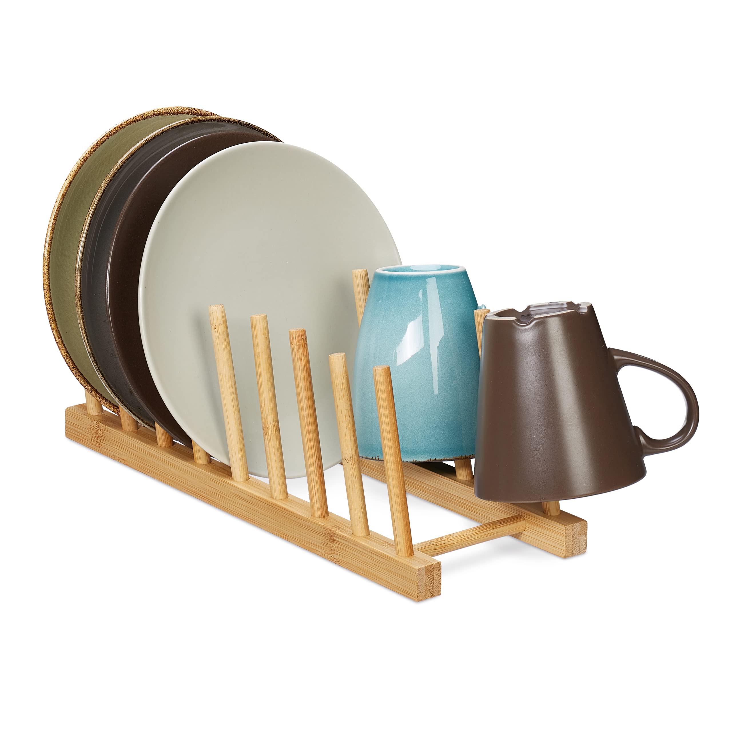 Relaxdays Stand, Holds 8 Plates, Cutting, Pot Lid, Dish Drainer Tableware, Board Holder, Bamboo, Natural, 12 x 12,5 x 34 cm