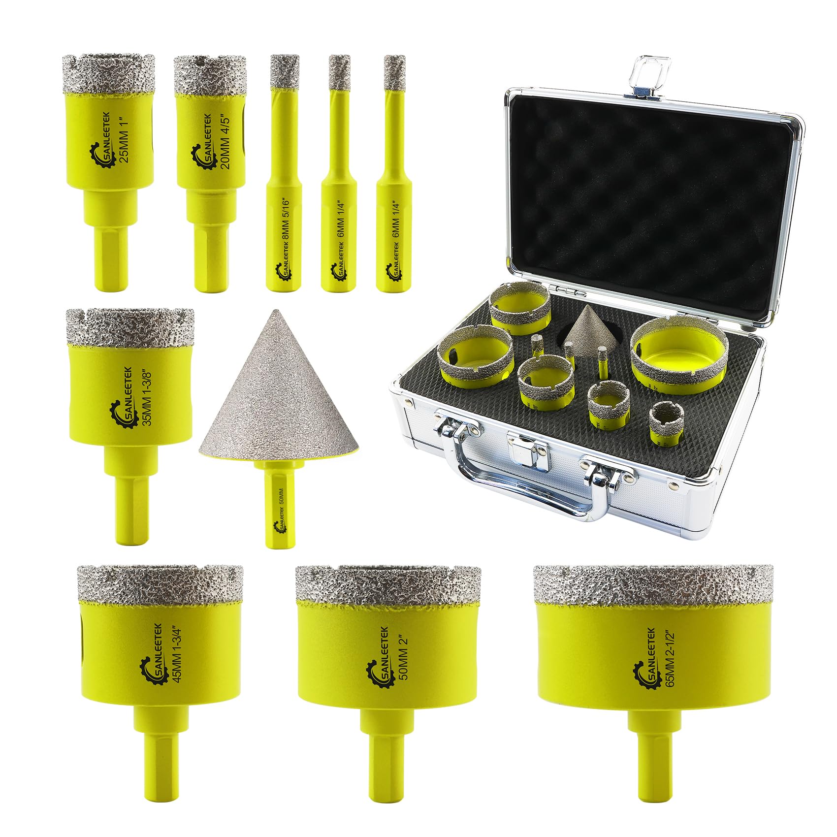 Diamond Core Drill Bits Set - 10pcs（6/6/8/20/25/35/45/50/65mm+50mm Beveling Chamfer Bit) Hole Saw Kit with Triangle Shank for Porcelain Tile Ceramic Granite Marble SANLEETEK — image 1