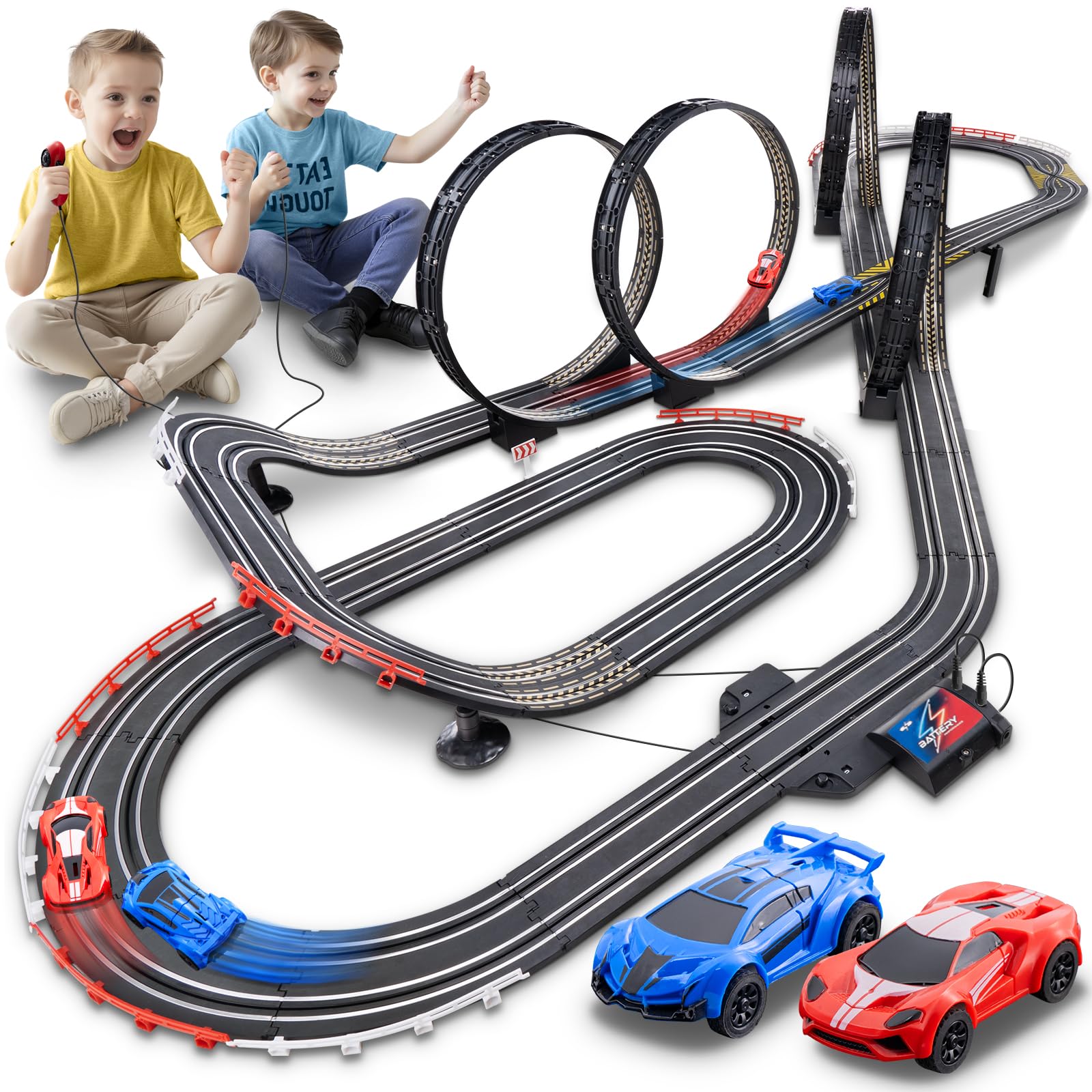 Car Track Toy Set for Kids - Battery or Electric High-Speed 1:64 Scale Car Race Track Toys with 2 Controllers & 2 Slot Cars - Birthday Gift for Boys Girls Children Age 3 4 5 6 7 8 9 10 11 12 Years Old