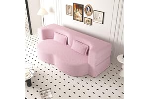 ALAMHI 78" Convertible Folding Sofa Bed, Queen Sleeper Sofa with Pillow, Modern Teddy Fabric Floor & Futon Loveseat Couch, Foam Folding Mattress Sleeper for Living Room, Guest Use, Office, Apartment, Pink