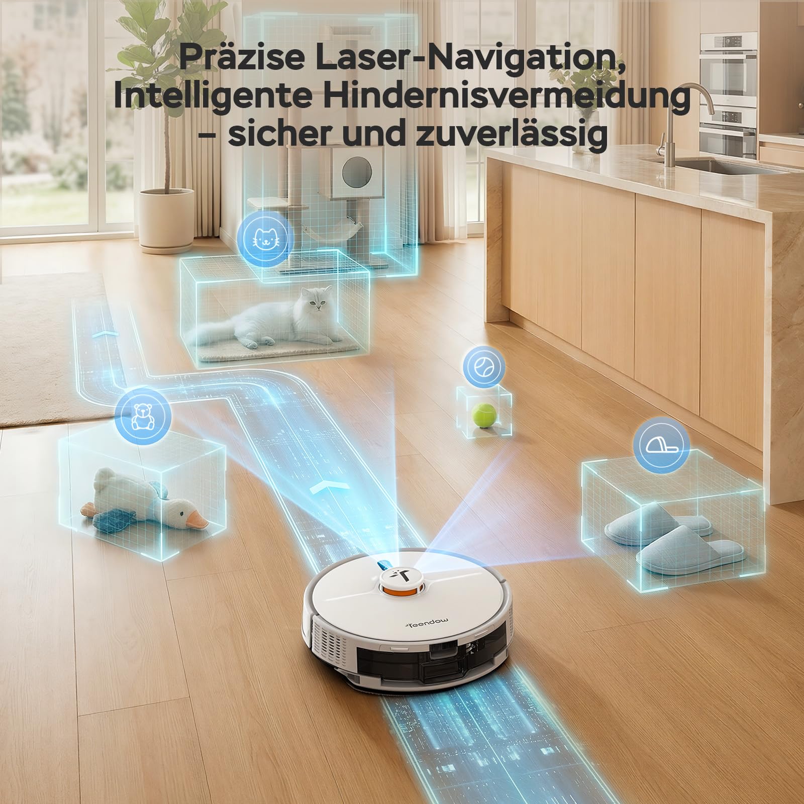 Teendow D20S Max+ Saugroboter mit Wischfunktion, 8000 Pa, 3L Saugroboter mit Absaugstation und Tierpflege-Zubehör, LiDAR-Navigation, App und Sprachsteuerung, Hartböden & Teppiche, Ideal für Tierhaare 7