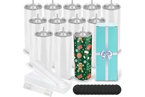 D·S 12 Pack Sublimation Tumblers 20 oz Bulk Skinny Straight Flat Bottom Blank Tumbler Cups with Individual Gift Boxed for Heat Transfer DIY Craft