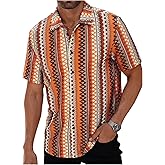 OYOANGLE Men's Textured Jacquard Button Down Shirts Tropical Beach Short Sleeve Boho Vacation Shirt