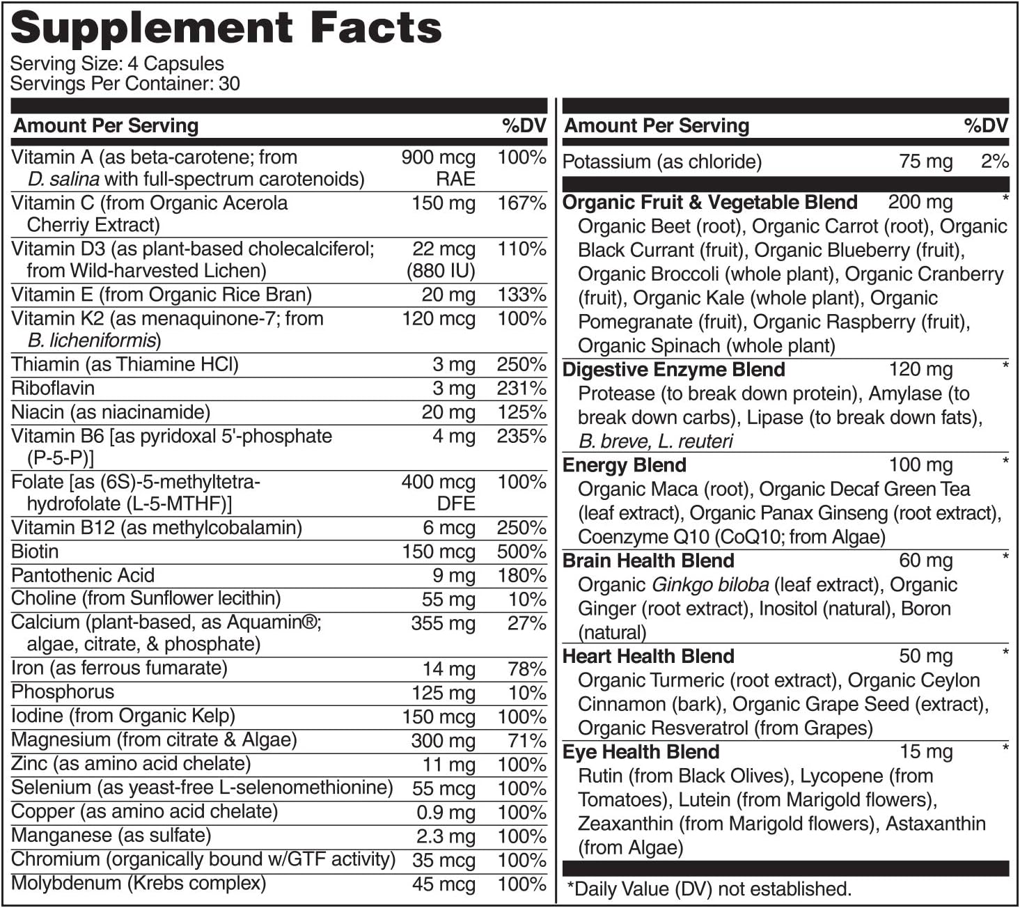 NATURELO Whole Food Multivitamin for Women - Natural Vitamins, Minerals, Raw Organic Extracts - Best Supplement for Energy and Heart Health - Vegan - Non GMO - 120 Capsules: Health & Personal Care