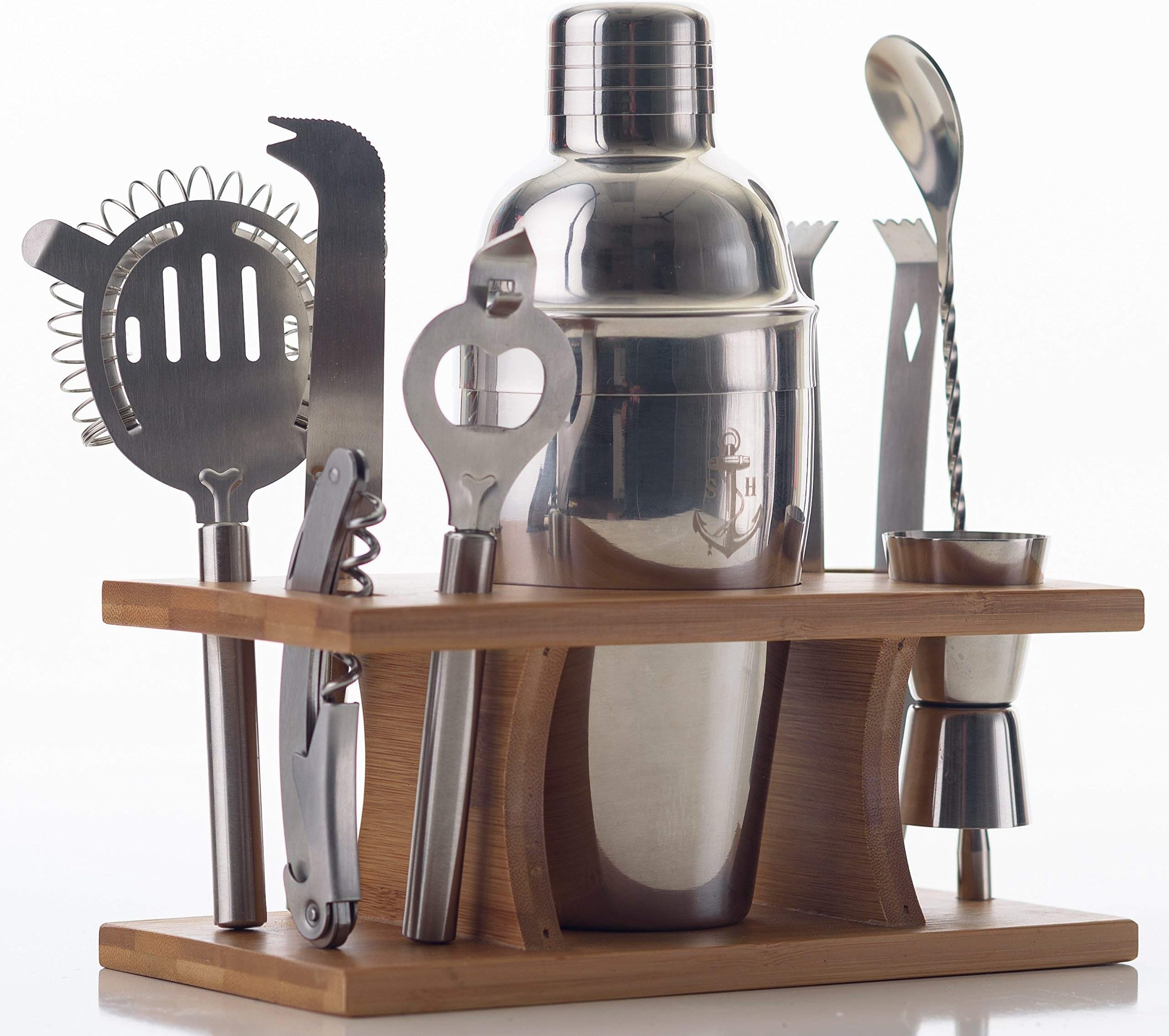 Stock Harbor 9 Piece Stainless Steel Bartender Set with Bamboo Base Kitchen Accessories Cocktail Bar tool Set