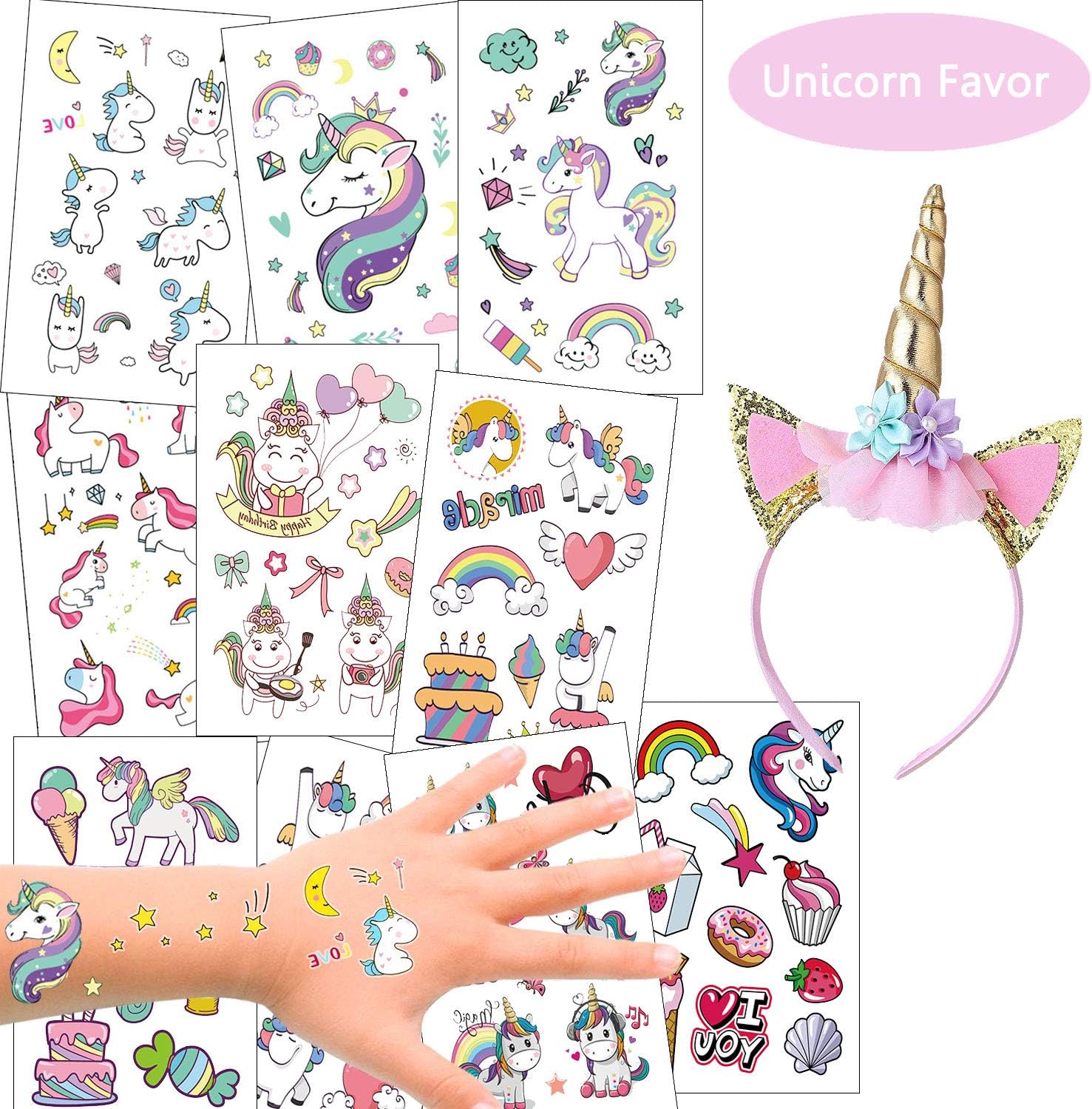 Flytoo Unicorn Party Favor Set Headband & Temporary Tattoos For Girls Birthday Decorations,Gifts,Party Decoration,Cosplay Costume(1 Headband&10 Sheet Tattoos)