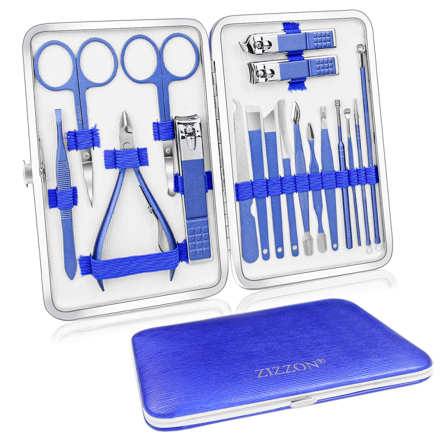 ZIZZON Manicure Set 18 in 1 Professional Pedicure Set Nail scissors Grooming Kit with Leather Travel Case Blue : Beauty