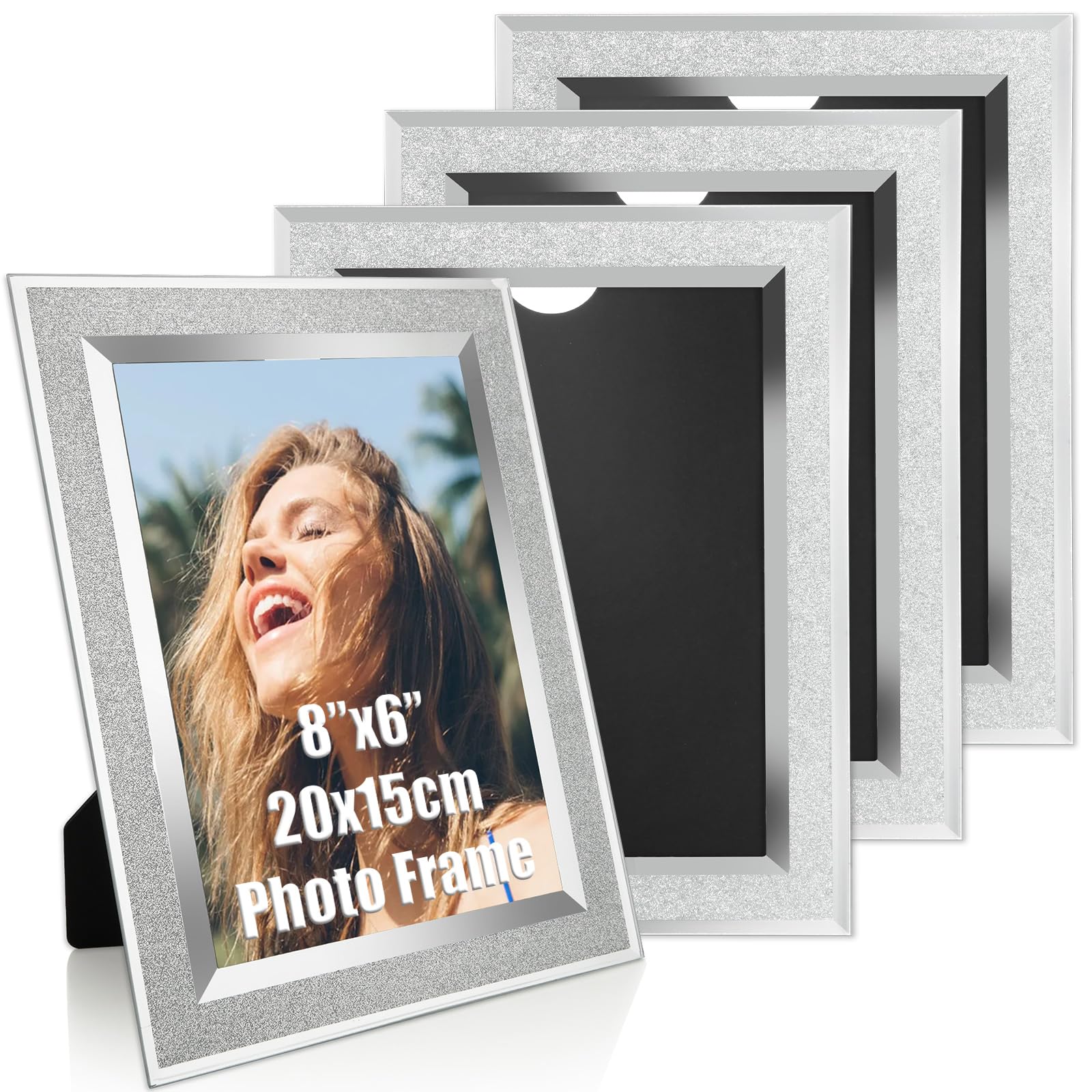 AHAQU 4PCS 8x6 Inch Glass Photo Frames, Mirrored Glitter Photo Frame, Silver Crystal Picture Frame, Freestanding Photo Frames for Home Decoration, Office Display, Gifts