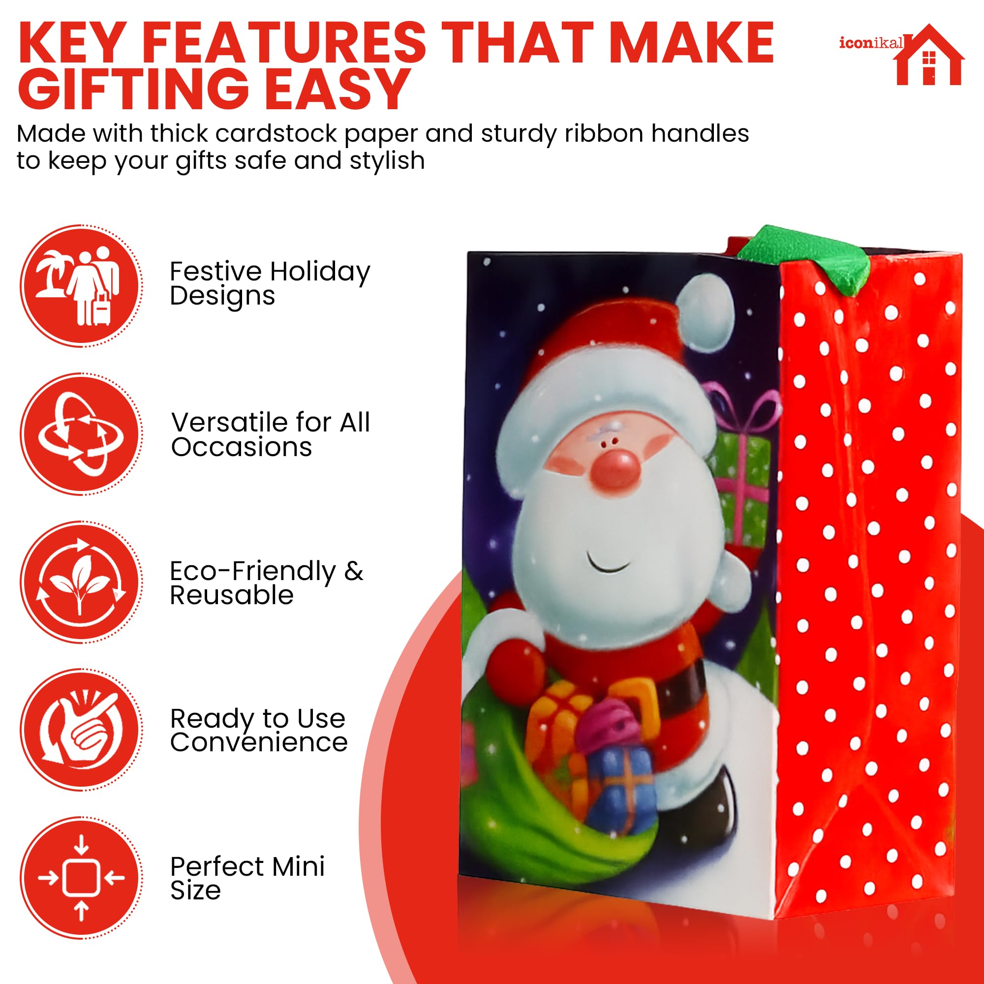 Iconikal 20-Pack Christmas Gift Bags, Small 4x6x2.5-Inch, Snowman Santa Reindeer, Ribbon Handles