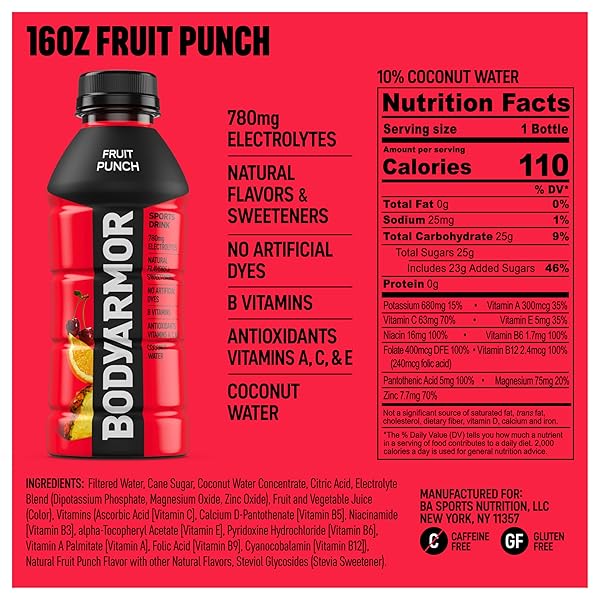 BODYARMOR SPORTS DRINK SPORTS BEVERAGE, FRUIT PUNCH, COCONUT WATER HYDRATION, NATURAL FLAVORS WITH VITAMINS, POTASSIUM-PACKED ELECTROLYTES, PERFECT FOR ATHLETES, 16 FL OZ (PACK OF 12)