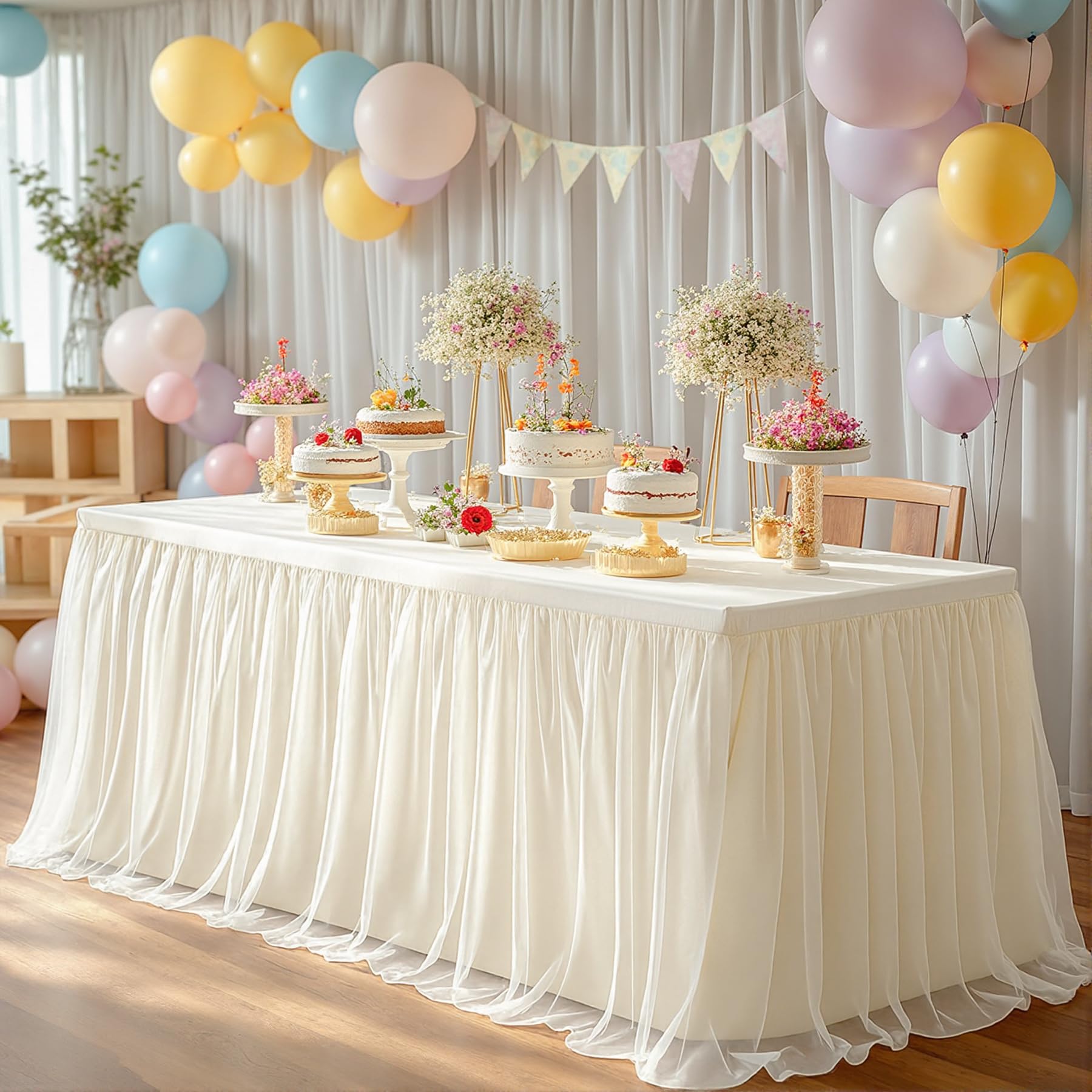 Photo 1 of 2-in-1 Ivory Tablecloths for 6 Foot Rectangle Tables with Tulle Table Skirt Wedding Table Cover Stretchy Fitted Ruffle Tutu Tablecloth for Baby Shower Reception Birthday Parties Celebration Banquet