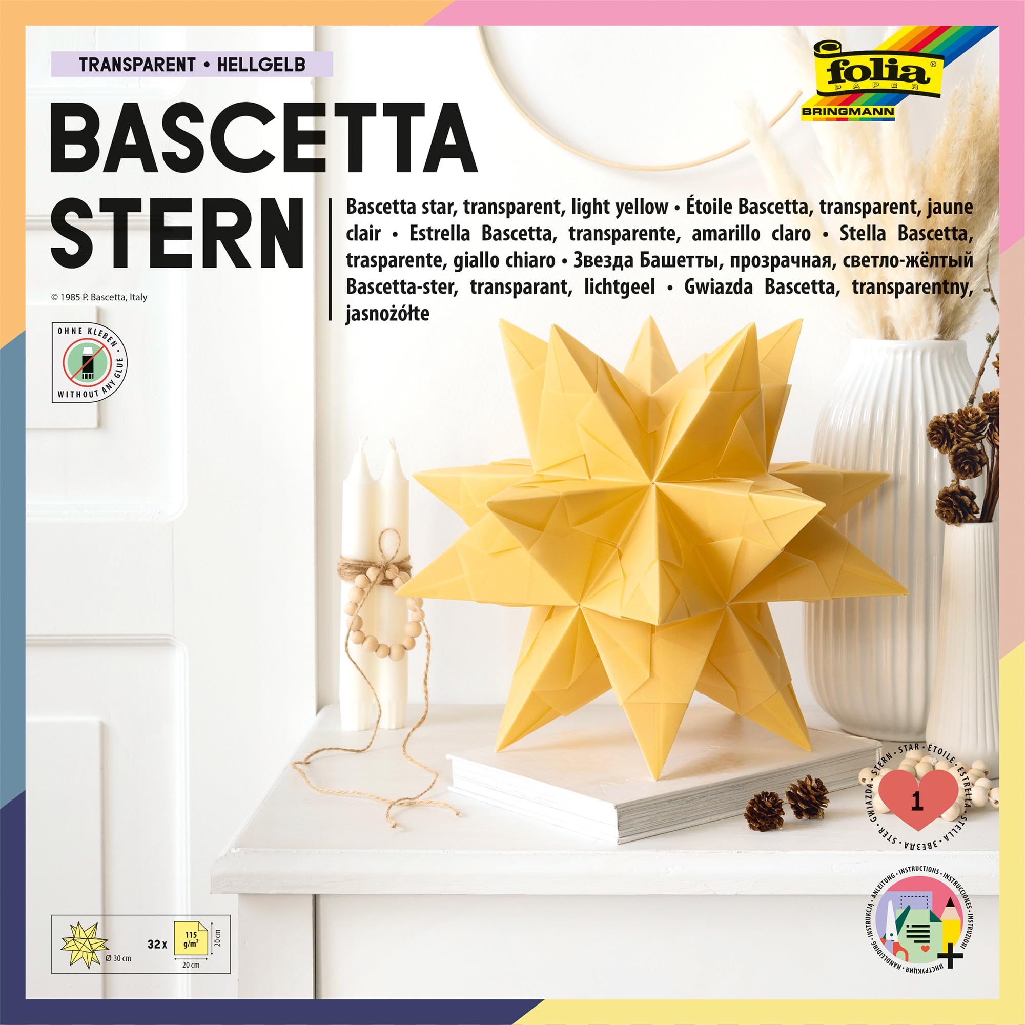 folia 811/2020 – Craft Set Bascetta Star Transparent Light Yellow 20 x 20 cm 32 Sheets Finished Size of Paper Star Approx. 30 cm with Detailed Instructions – Ideal for Timeless Decoration
