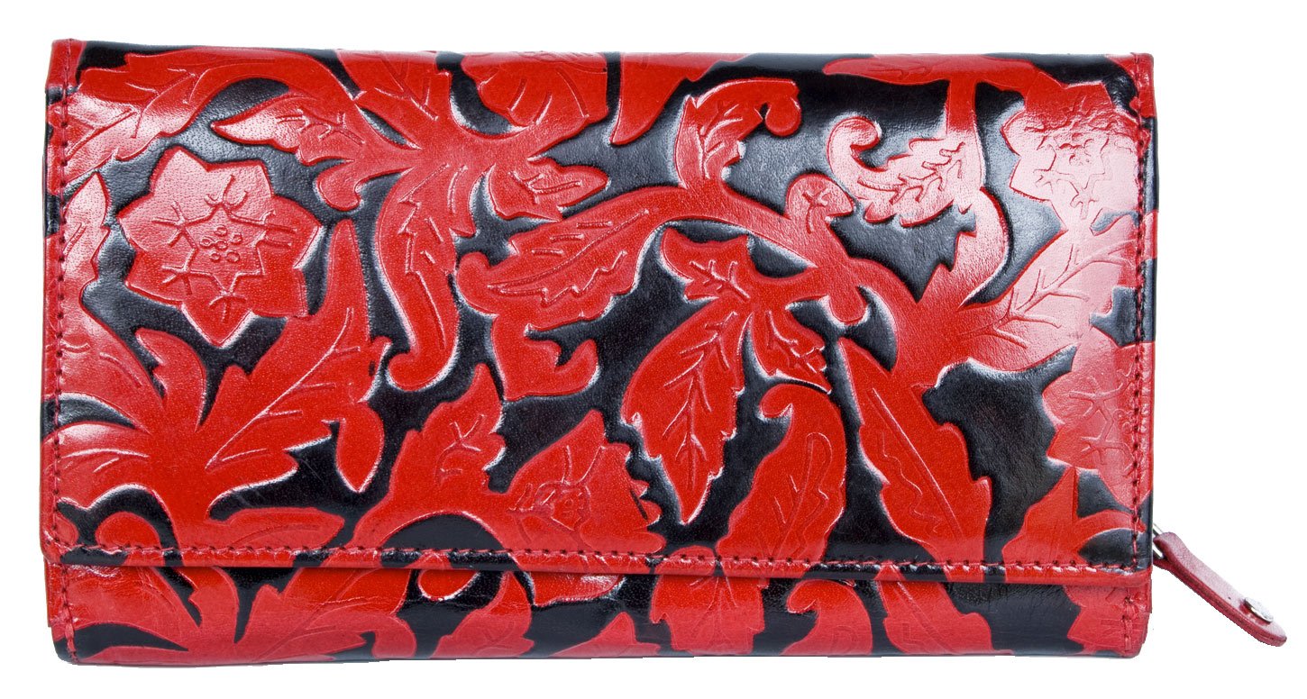 FLW Women's Black-red Clear Coated Genuine Leather Wallet with Ornamental Leaves Stamping