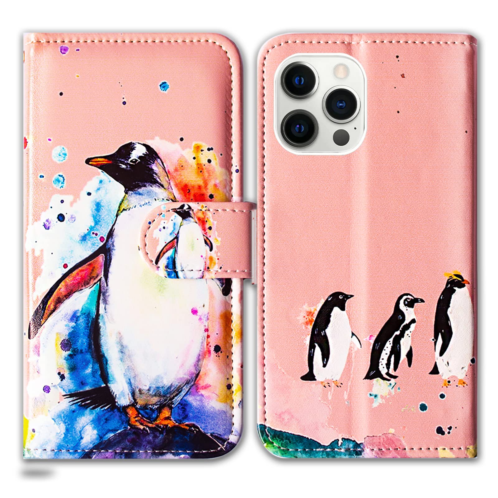 Bcov iPhone 13 Pro Case, Penguin Drawing Leather Flip Phone Case Wallet Cover with Card Slot Holder Kickstand For iPhone 13 Pro