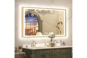 TETOTE Gold LED Bathroom Mirror with Lights 55x36 Front & Back Light Vanity Framed Mirror Baroque Anti Fog Dimmable White/Warm/Natural,CRI90+,Waterproof,Wall Mounted(Horizontal/Vertical)