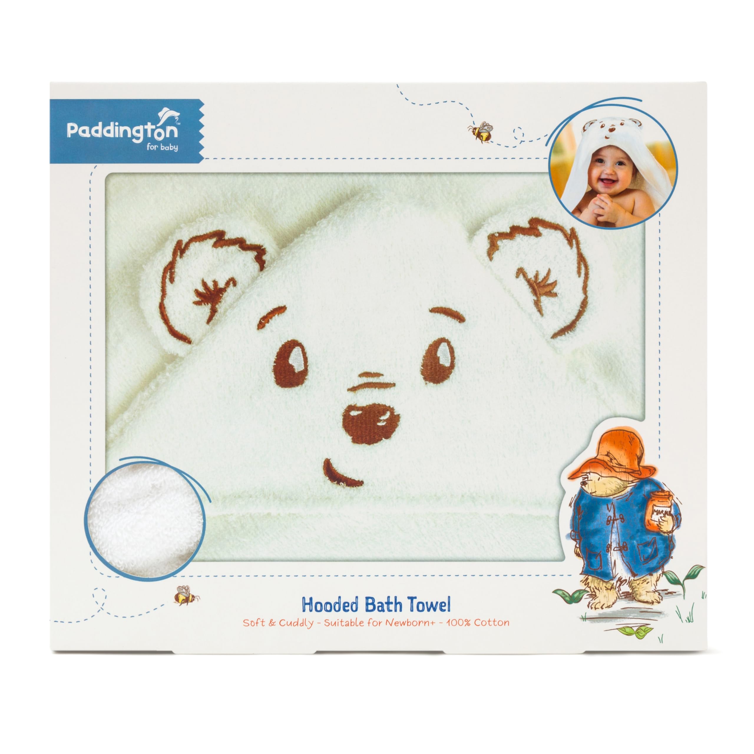 Paddington Baby Luxury Hooded Bath Towel - 100% Cotton - Super Soft - with embroidery Bear Face - 75cm x 75cm