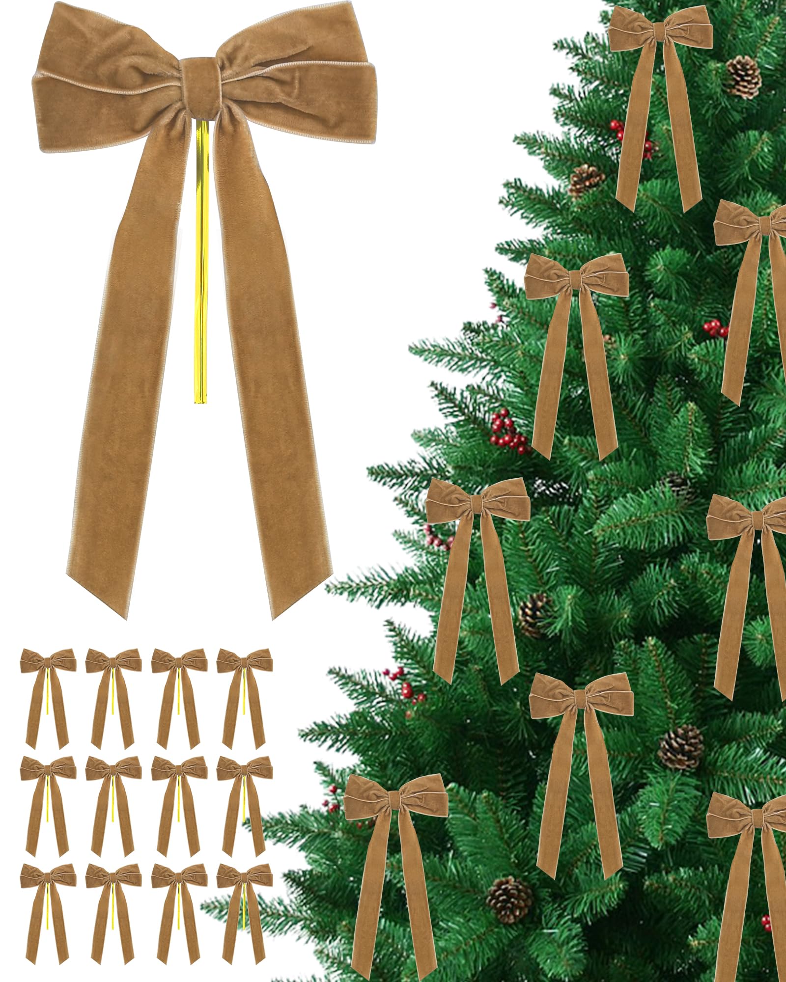 Photo 1 of 12 Pcs Velvet Ribbon Bows Decorations,Khaki Christmas Ornaments for Tree Home Thanksgiving Party Front Door Wreath Holiday Decor