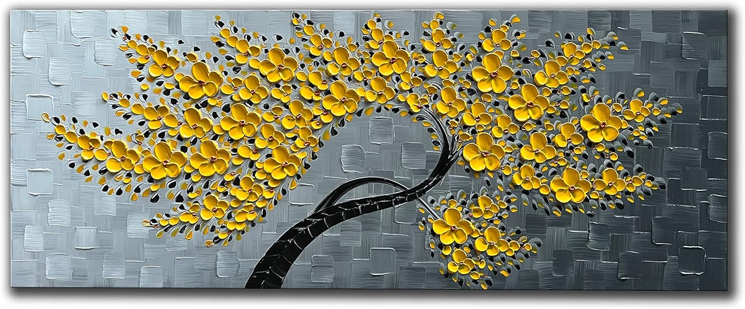 Paintings - JELRINR large 3D Contemporary Art Handmade Oil Painting On Canvas Texture Yellow Flower Tree paintings Canvas Wall Abstract Artwork Modern Home living Room Decor paintings 24x60 inch