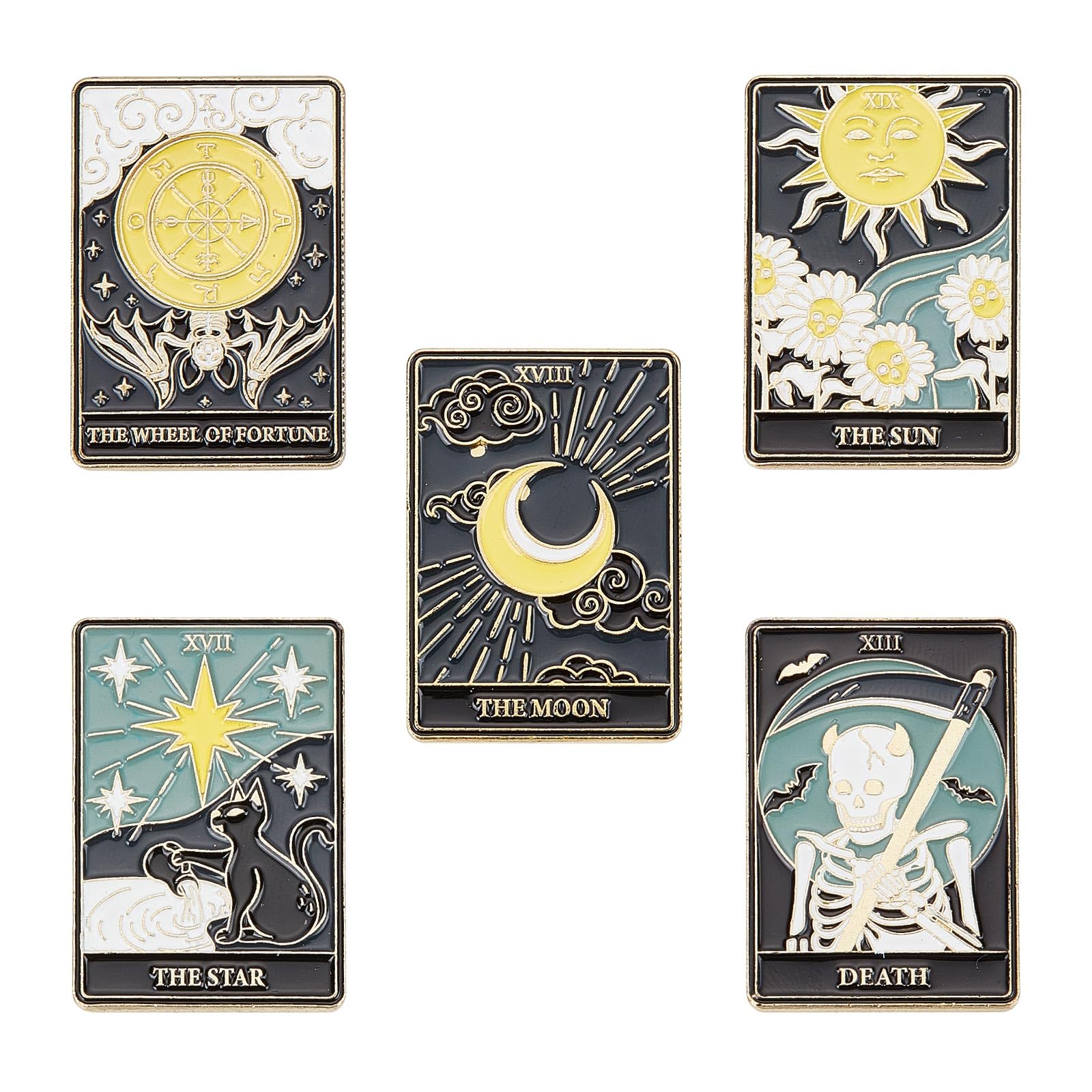 SUNNYCLUE 1 Box Enamel Pins Set Tarot Card Enamel Pins Sun Moon Star Lapel Pin Skull Pin Brooch Halloween Black Cat Daisy Flowers Brooches for Women Men Backpacks Jackets Clothes Hat School Bags Gift