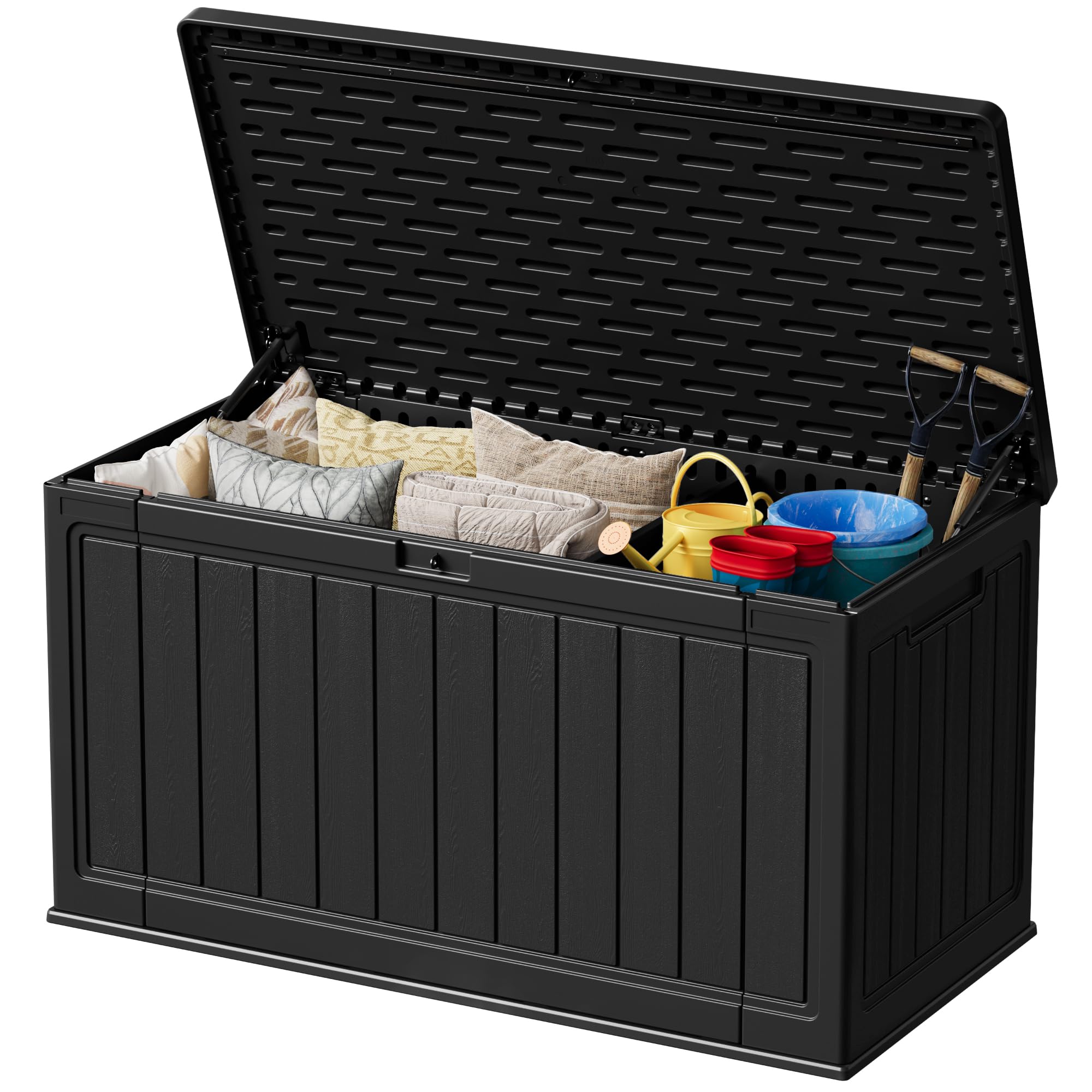 Greesum 150 Gallon HDPE Outdoor Storage Box - Waterproof, Large Capacity Deck Box with Removable Dividers for Patio, Yard, Garden Tools, Black Image