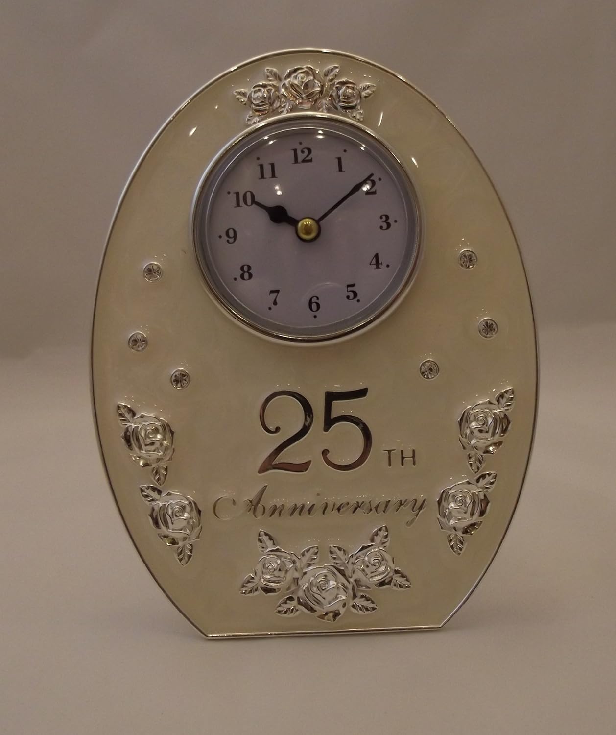 Crystal Glass & Rose Decorated 25th Wedding Anniversary Mantel Clock