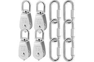 ZOENHOU 4 Pack 25MM Single Pulley Block Set with 6 Quick Links, M25 Stainless Steel Snatch Block System, Wire Rope Hanging Wire Towing Wheel for Lifting Cable, Loading 500Lbs